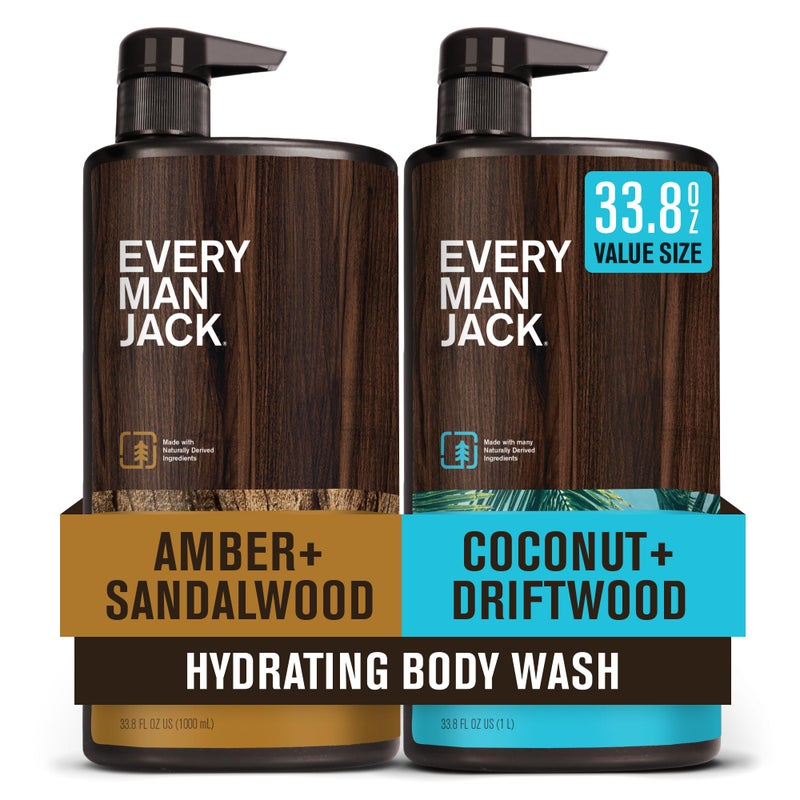 Every Man Jack Coconut  Driftwood  Amber  Sandalwood Mens Body Wash for All Skin Types  Cleanse Hydrate and Smell Great  Free of Parabens Phtalates and Dyes  338 fl oz 2 Pack
